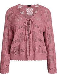 Strikket cardigan med knyteb&aring;nd og et &aring;pent m&oslash;nster, Rosa