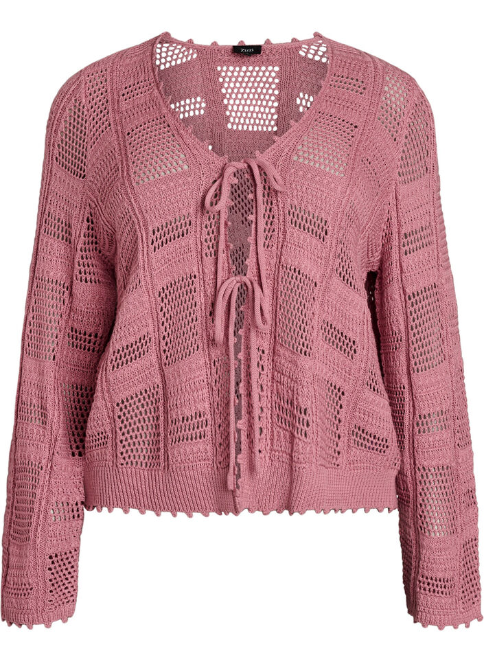 Strikket cardigan med knyteb&aring;nd og et &aring;pent m&oslash;nster, Rosa, Packshot image number 0