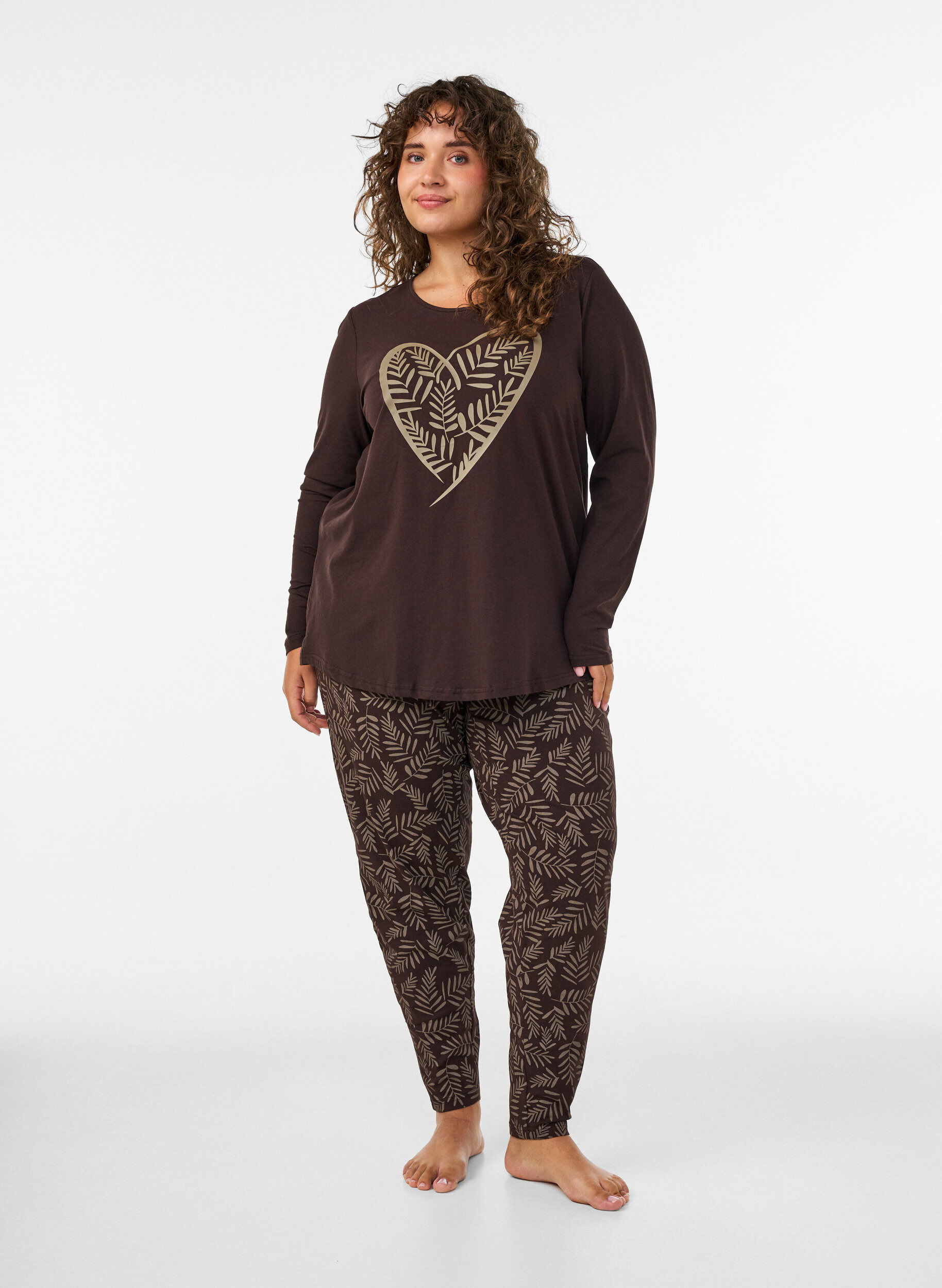 ZizziBomulls pyjamasbukser med trykk, Brun, Model image number 1