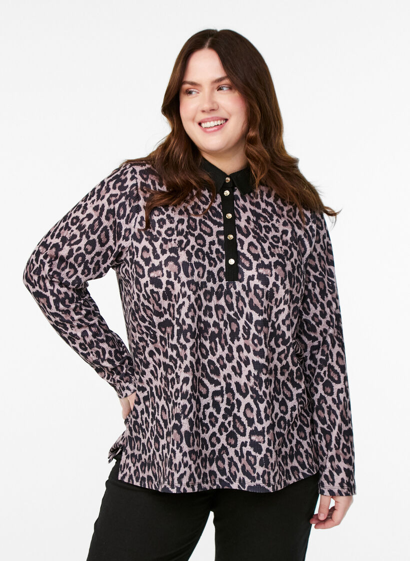 Poloskjorte med dyretrykk og gullfargede knapper, Brun, Model image number 0