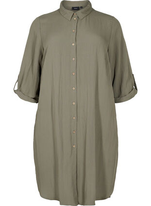 Lang ensfarget viskoseskjorte med 3/4-ermer, Dusty Olive, Packshot image number 0