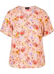 Kortermet viskosebluse med blomstermønster, Red Orange AOP