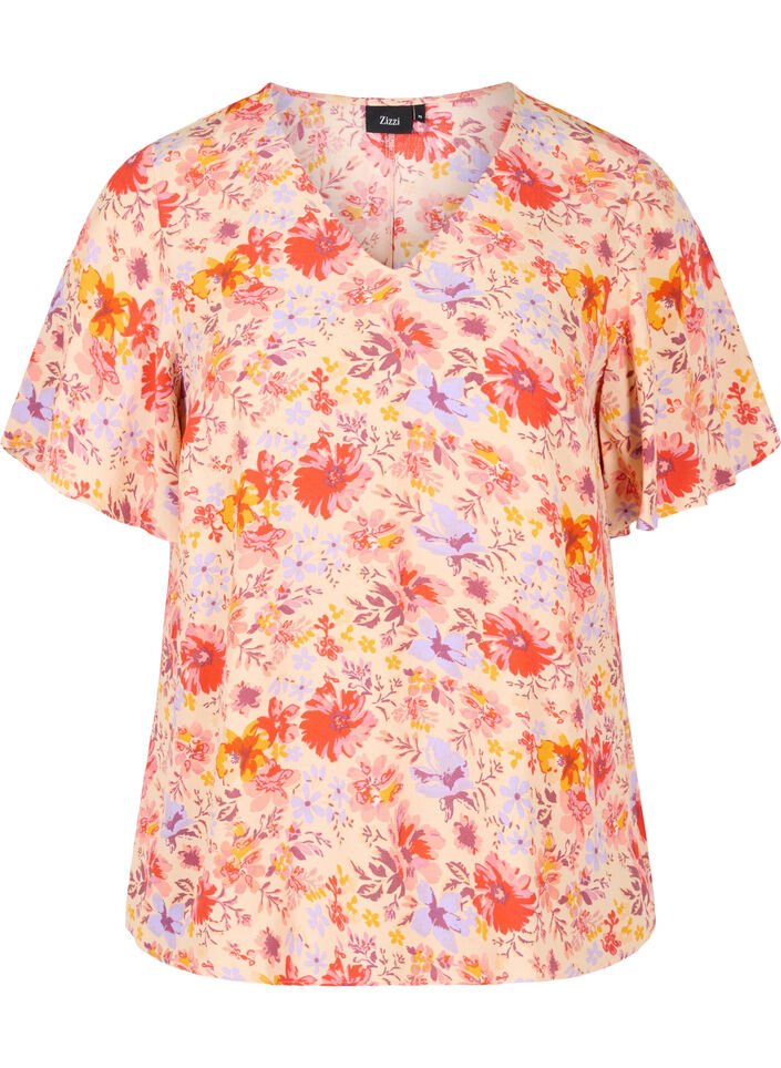 Kortermet viskosebluse med blomstermønster, Red Orange AOP, Packshot image number 0