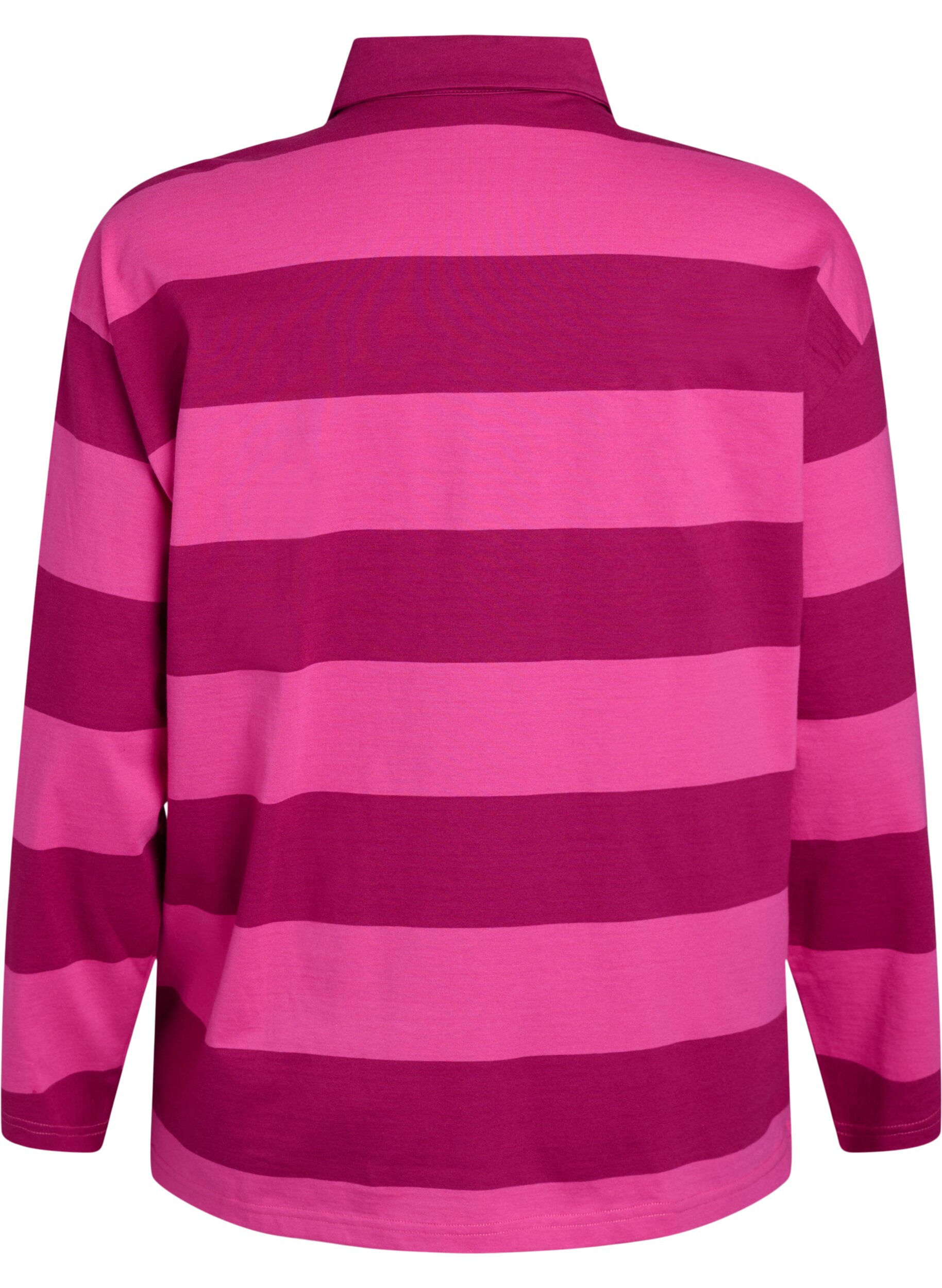 Zizzi Stripete poloskjorte med brodert tekst, Rosa, Packshot image number 1