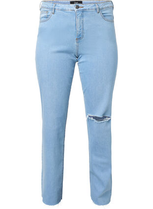 Gemma jeans med høyt liv og hull på kneet, Ex Lgt Blue, Packshot image number 0