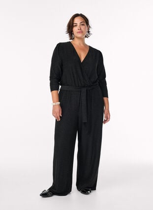 Zizzi Jumpsuit med glitter og knytebelte, Svart, Model image number 0