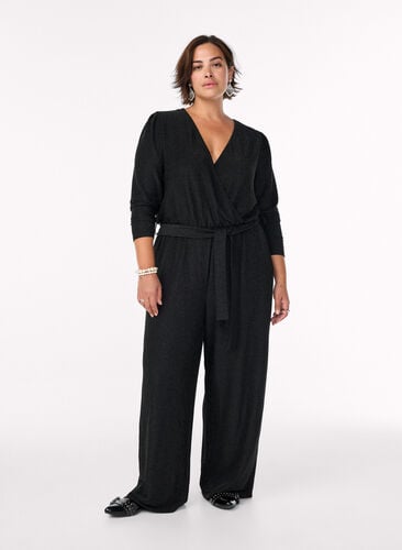 Zizzi Jumpsuit med glitter og knytebelte, Svart, Model image number 0