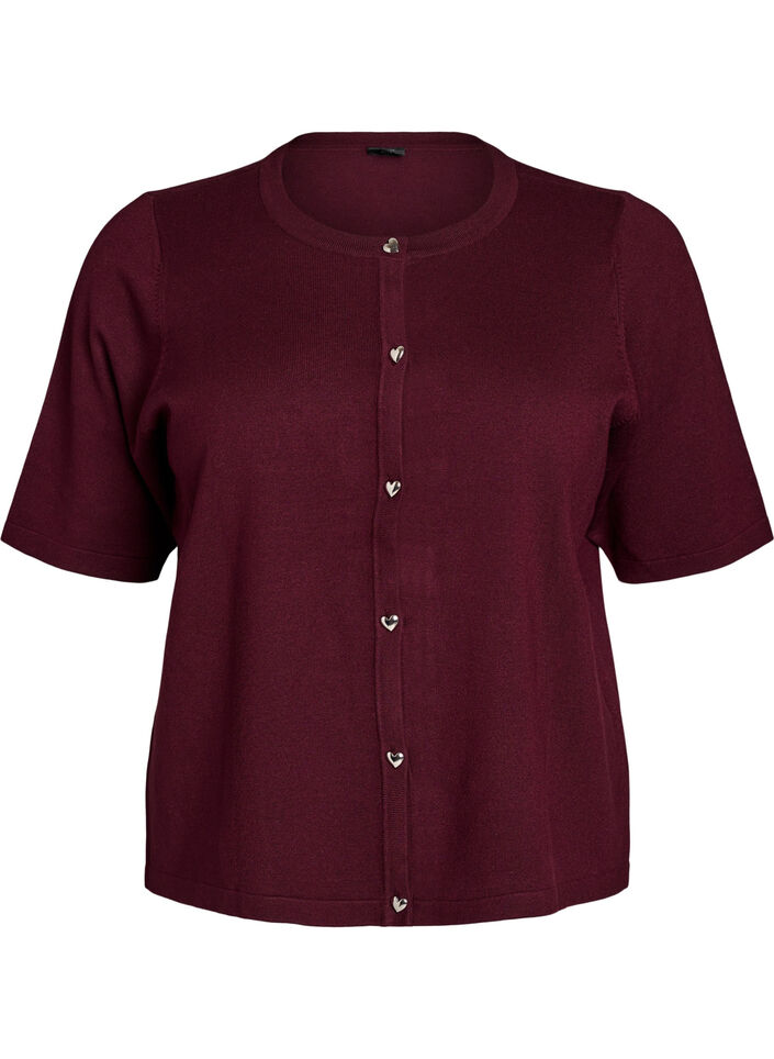 Strikket cardigan med hjerteknapper og korte ermer, R&oslash;d, Packshot image number 0
