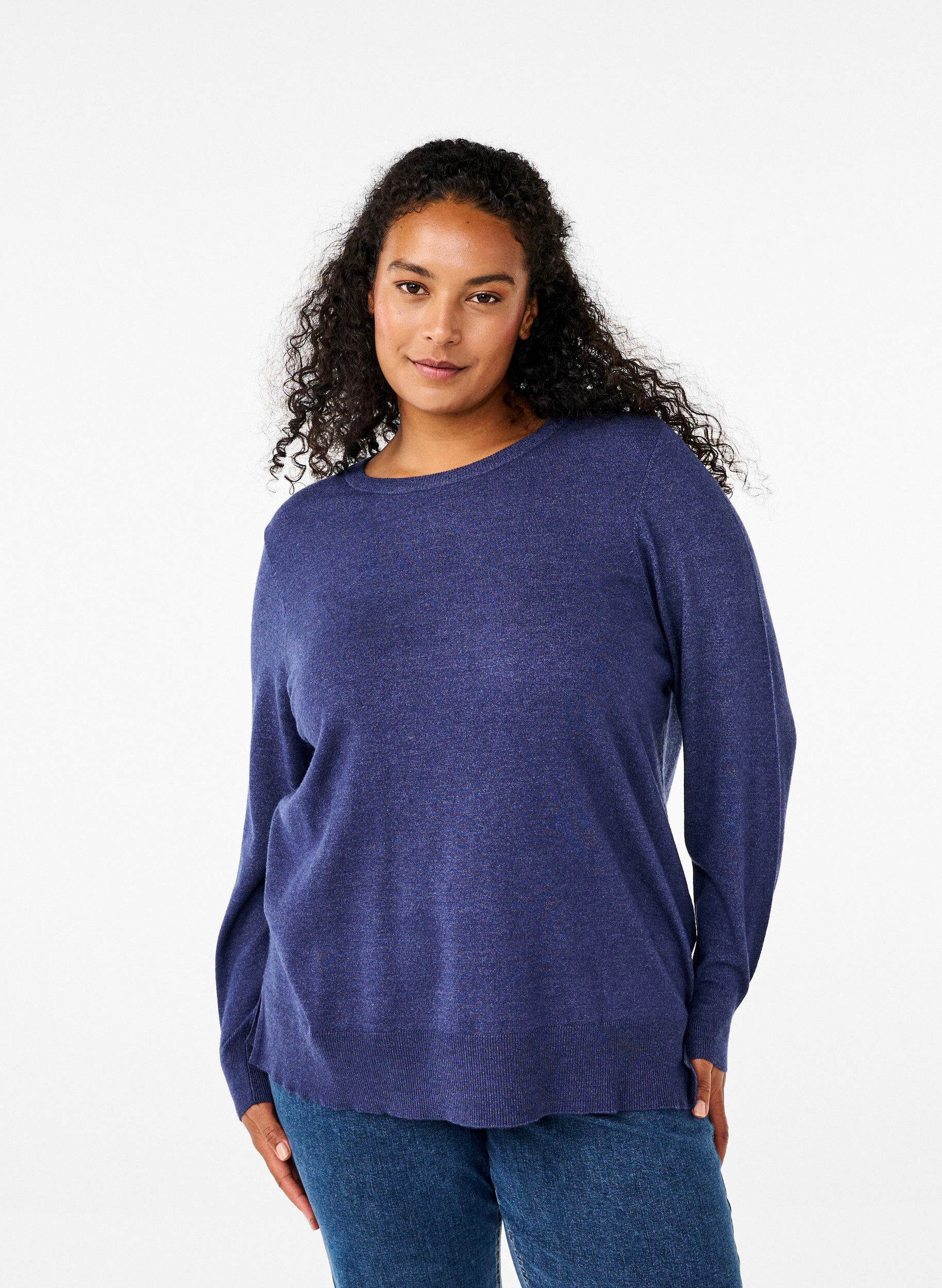 ZizziLangermet strikket bluse med splitt, Bl&aring;, Model image number 0