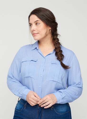 Viskoseskjorte med lommer på brystet, Blue Heron, Model image number 0