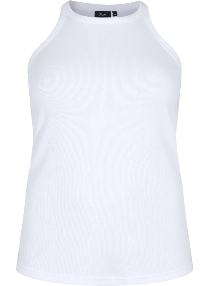 Ribbet tanktopp i bomull, Bright White, Packshot image number 0
