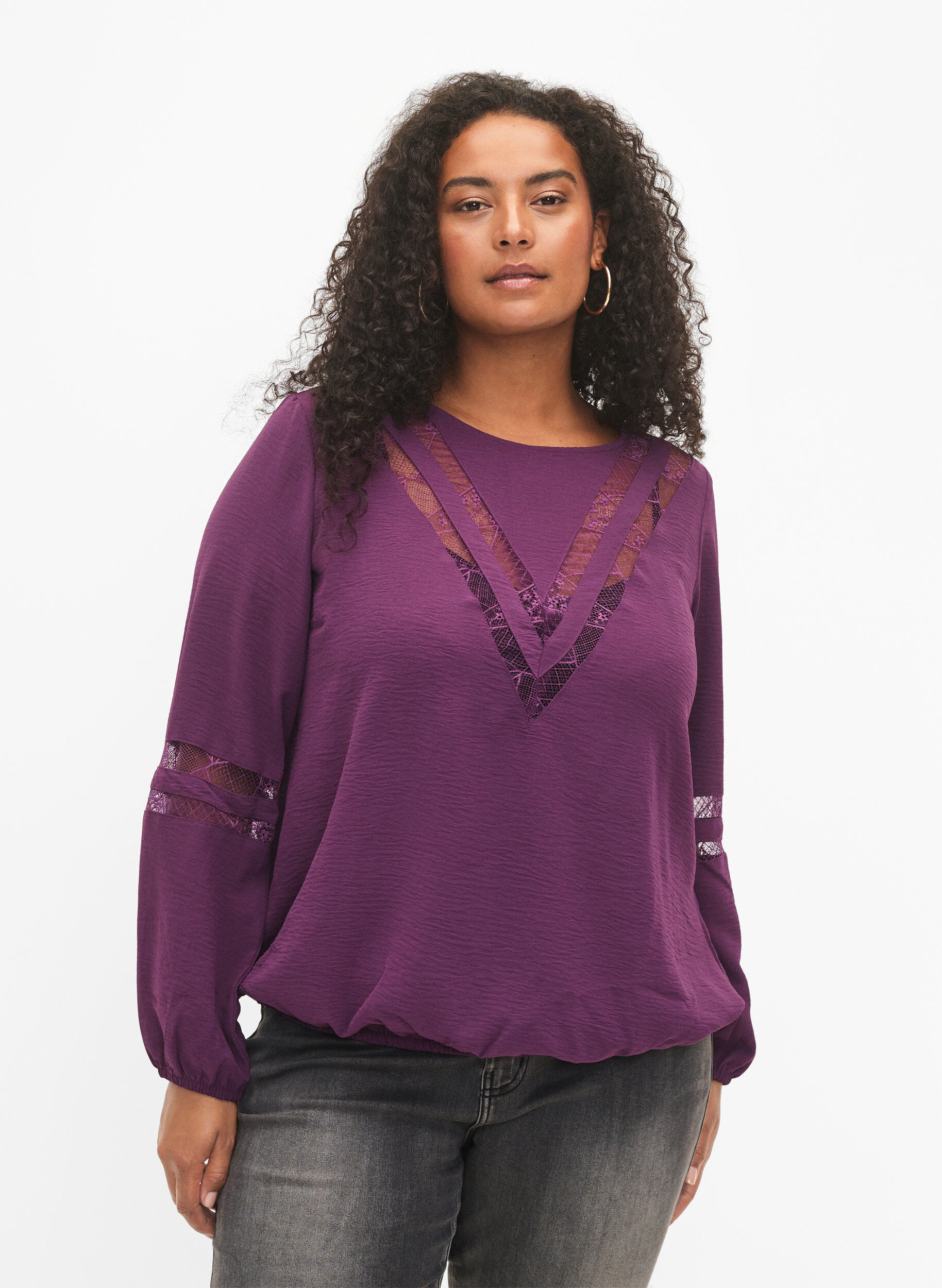 Zizzi Bluse med lange ermer og blonder, Deep Purple, Model image number 0
