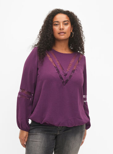 Bluse med lange ermer og blonder, Deep Purple, Model image number 0