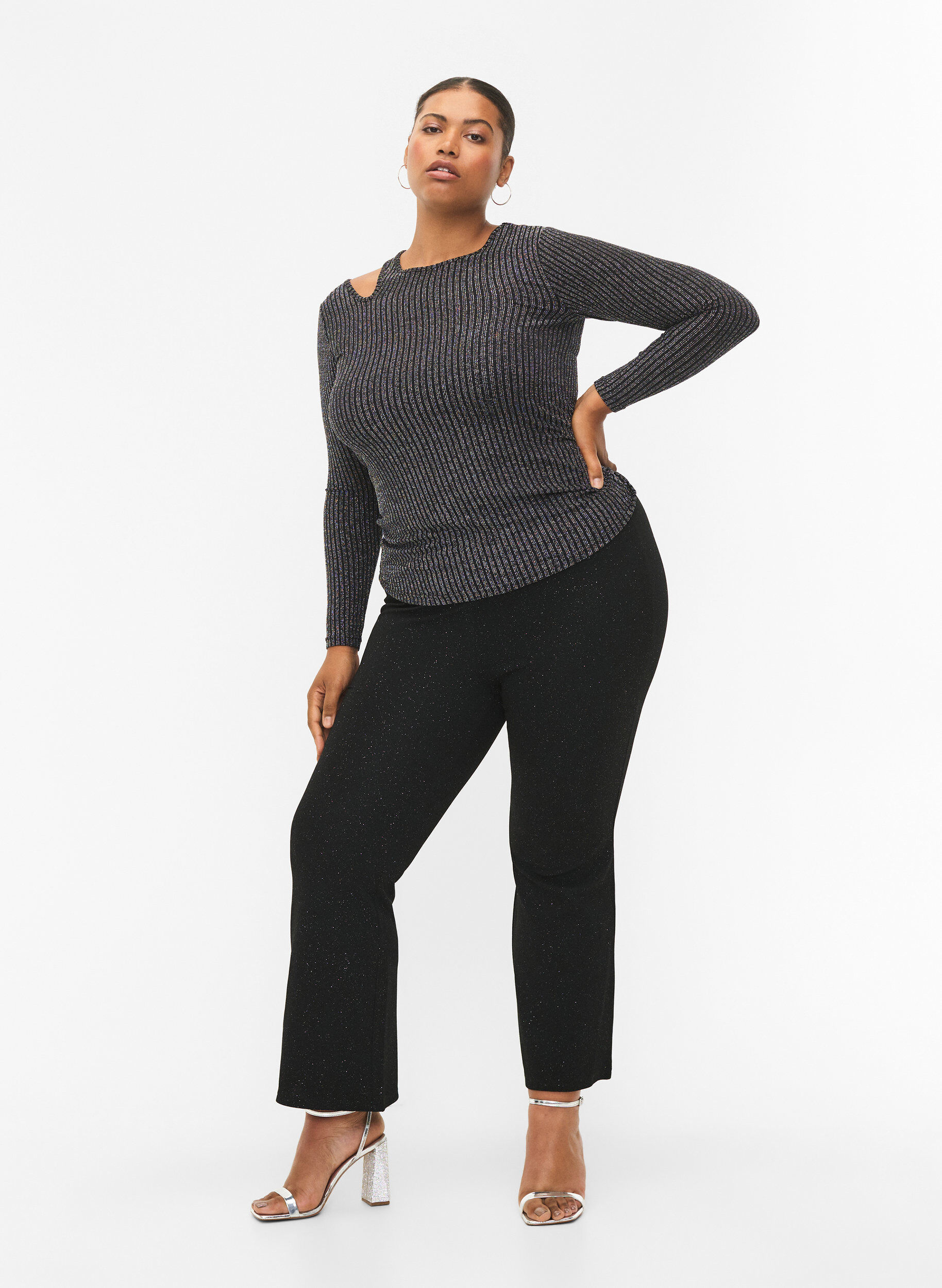 Zizzi Langermet bluse med glitter, B. w. Silver Stripes, Model image number 3