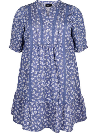 Kort kjole i viskose med blondebesetning og A-snitt, M. Blue Flower AOP, Packshot image number 0
