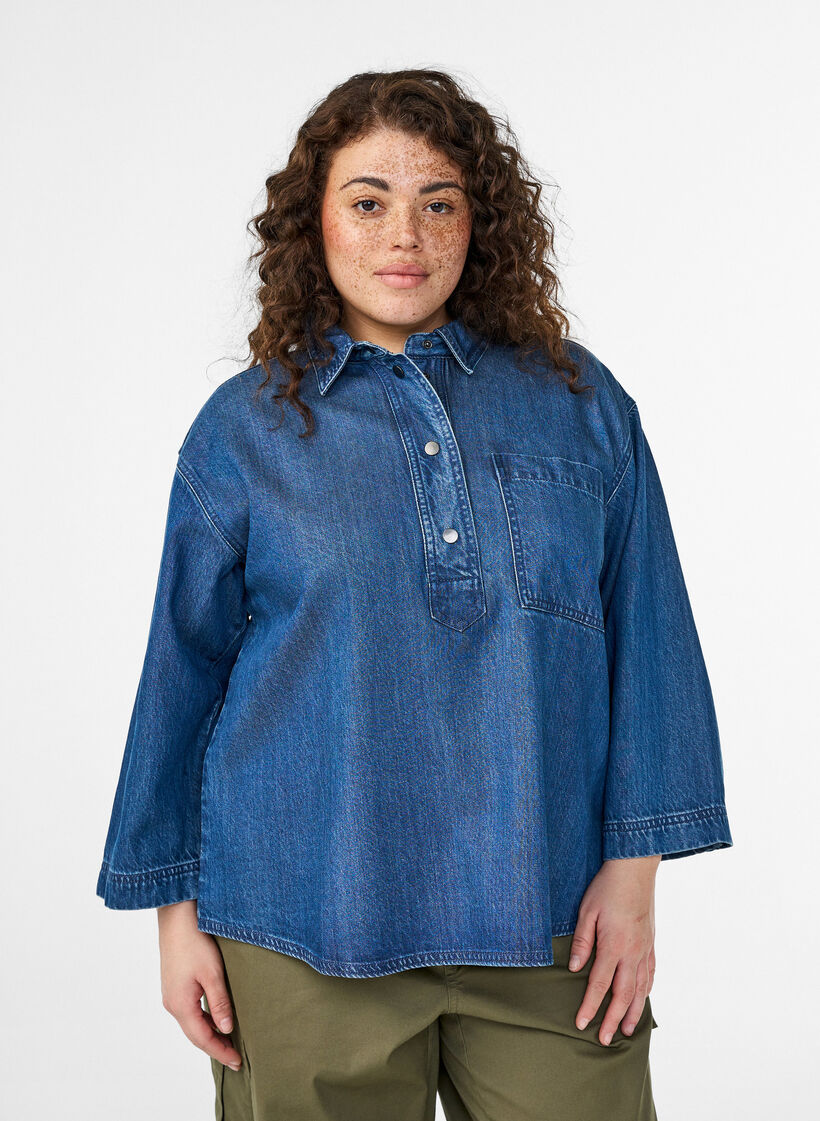 Løs denimskjorte med 3/4-ermer, Blå, Model image number 0
