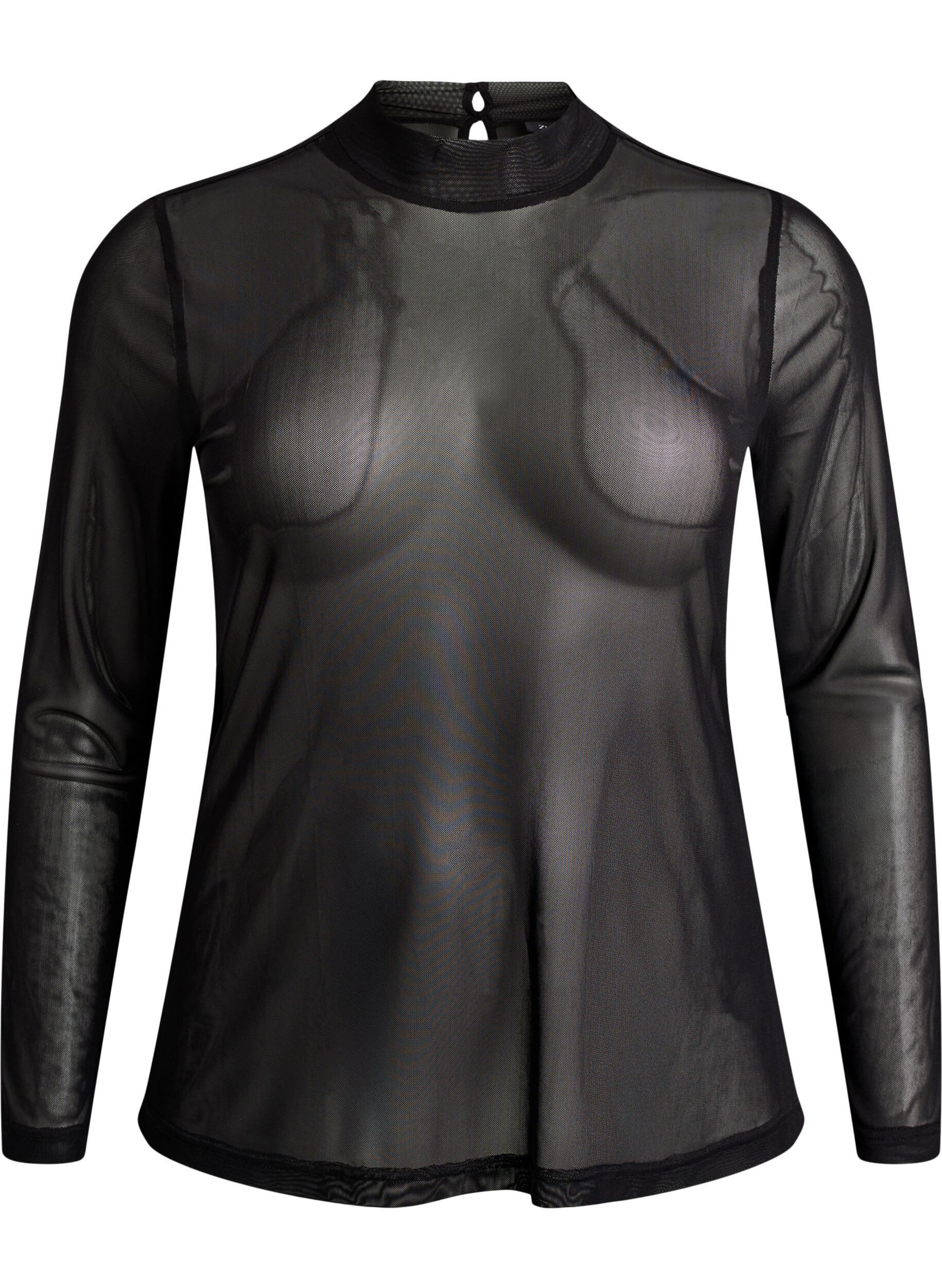 ZizziTett sittende meshbluse med lange ermer, Svart, Packshot image number 0