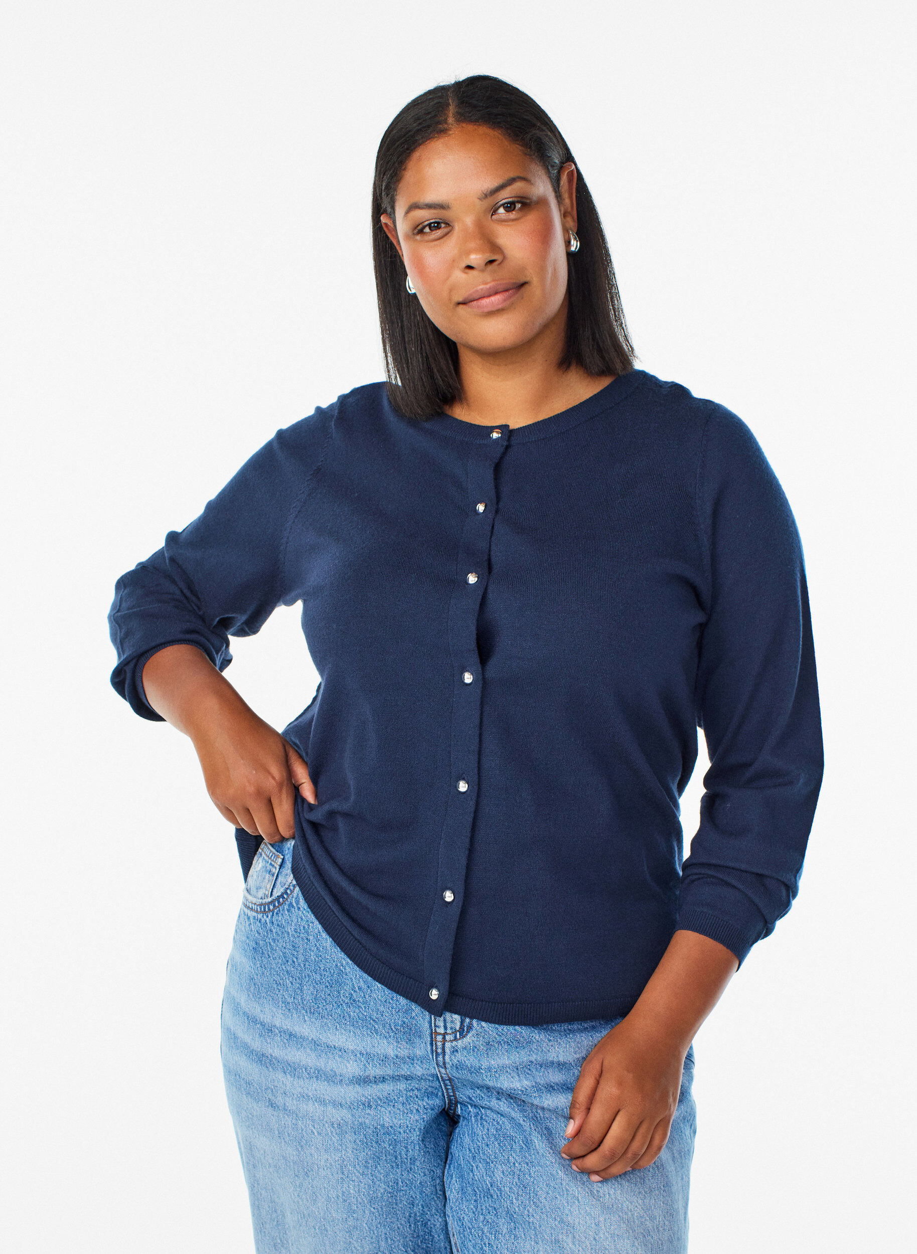 ZizziCardigan med runde knapper, Bl&aring;, Model image number 0