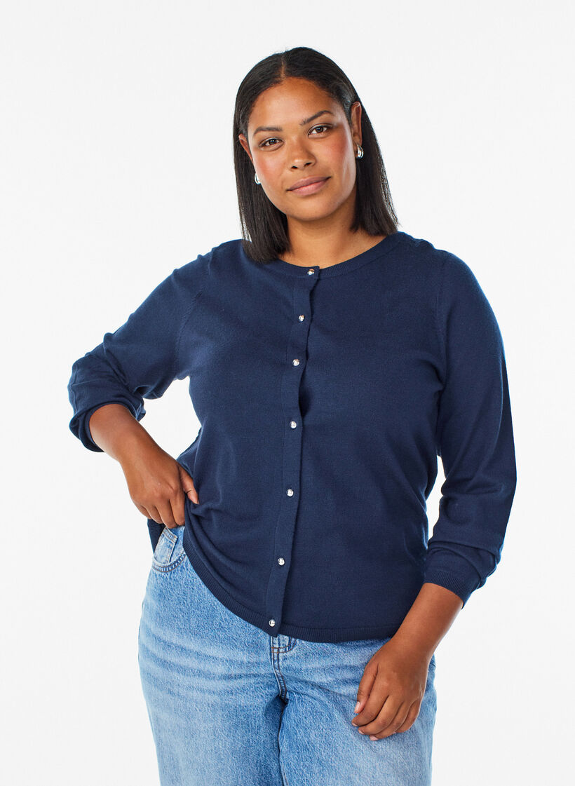 Cardigan med runde knapper, Bl&aring;, Model image number 0