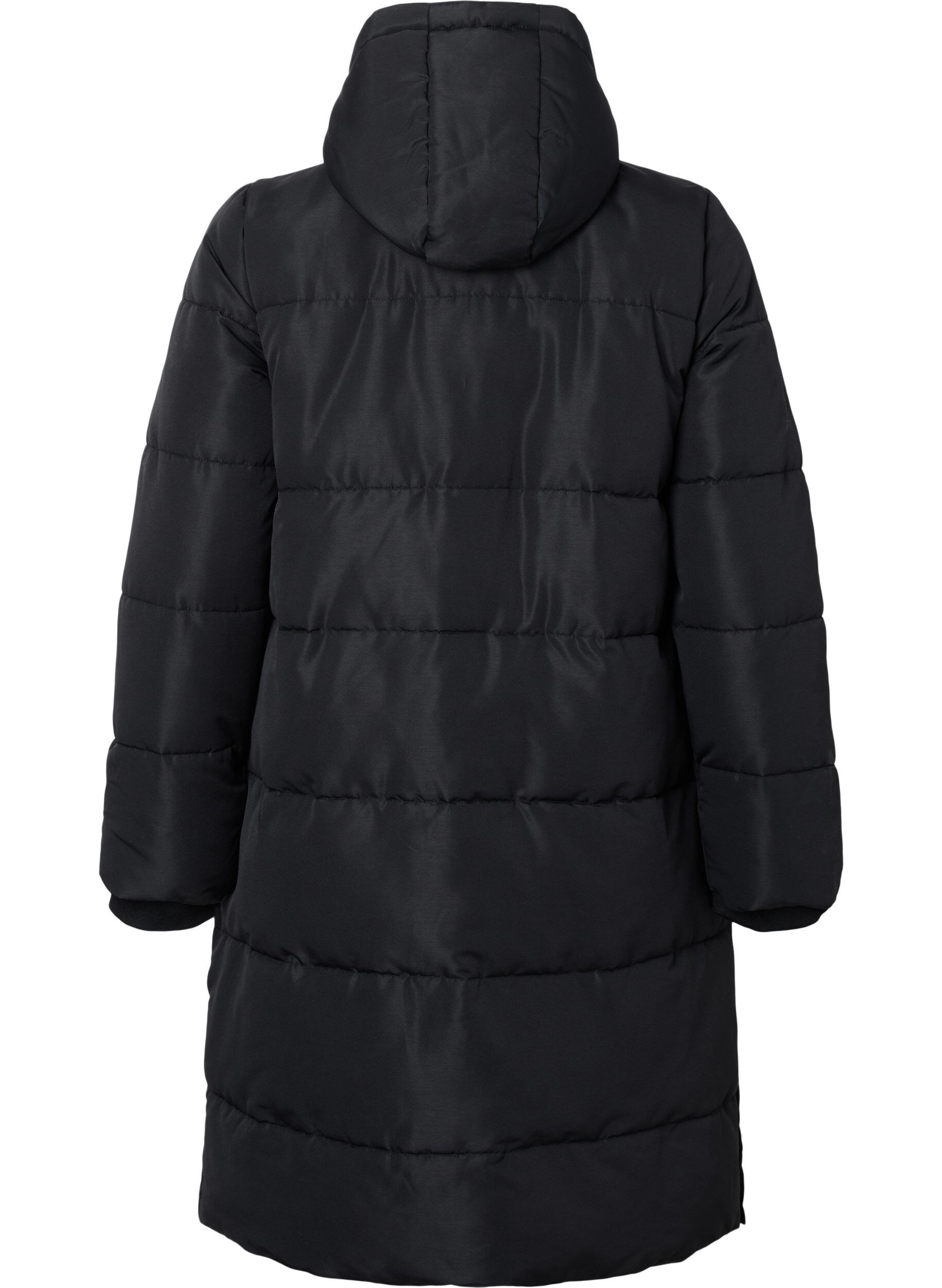 Zizzi Lang Puffer jakke med lommer og hette, Svart, Packshot image number 1