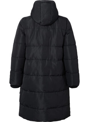 Zizzi Lang Puffer jakke med lommer og hette, Svart, Packshot image number 1