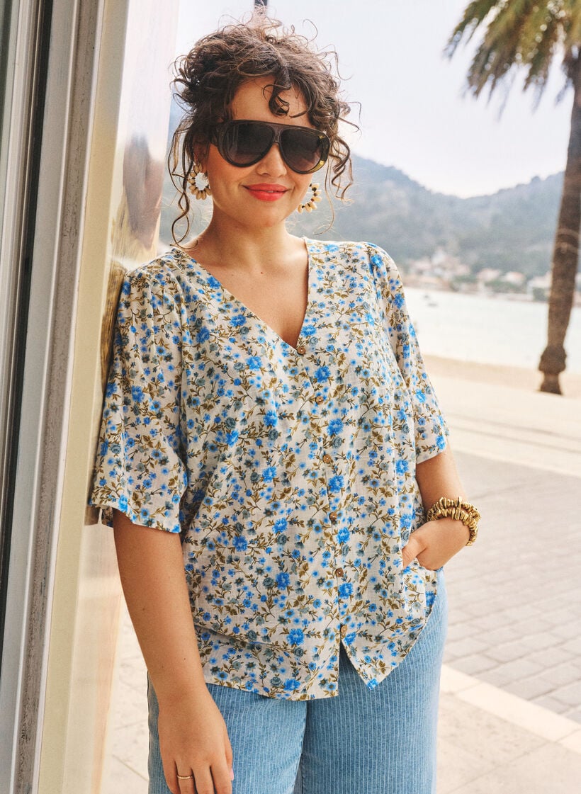 Kortermet bomullsskjorte med V-hals, Bl&aring;, Image image number 0