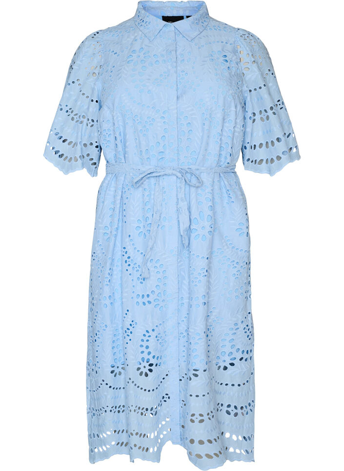 Skjortekjole i broderie anglaise med knytebelte, Bl&aring;, Packshot image number 0