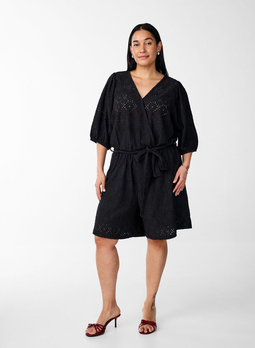 Buksedrakt med korte ermer og bindebånd, Black, Model