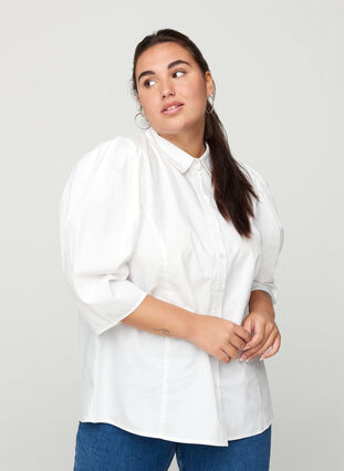 Bomullsskjorte med 3/4-puffermer, Bright White, Model image number 0