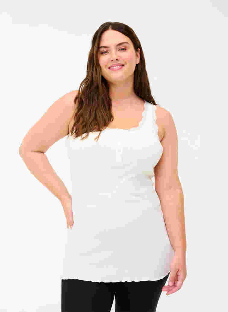 Ribbet tanktopp med blonder og knapper, White Cream, Model
