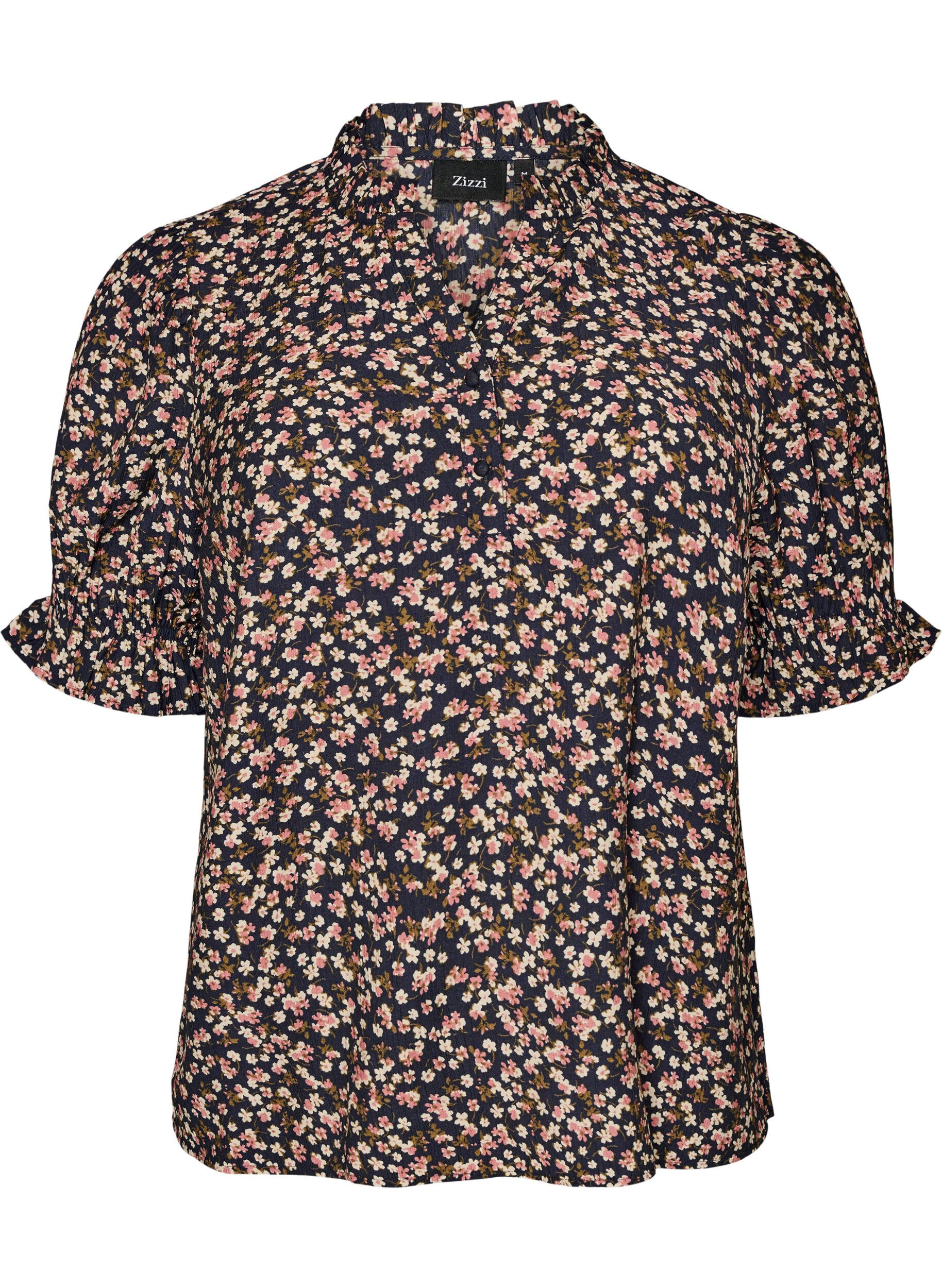 ZizziBluse i blomstrete viskose med korte ermer og smokkdetaljer, Bl&aring;, Packshot image number 0