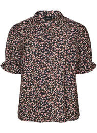 Bluse i blomstrete viskose med korte ermer og smokkdetaljer, Bl&aring;