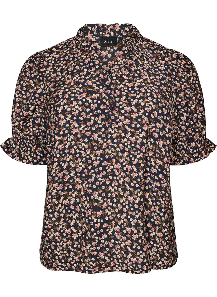 Bluse i blomstrete viskose med korte ermer og smokkdetaljer, Bl&aring;, Packshot image number 0