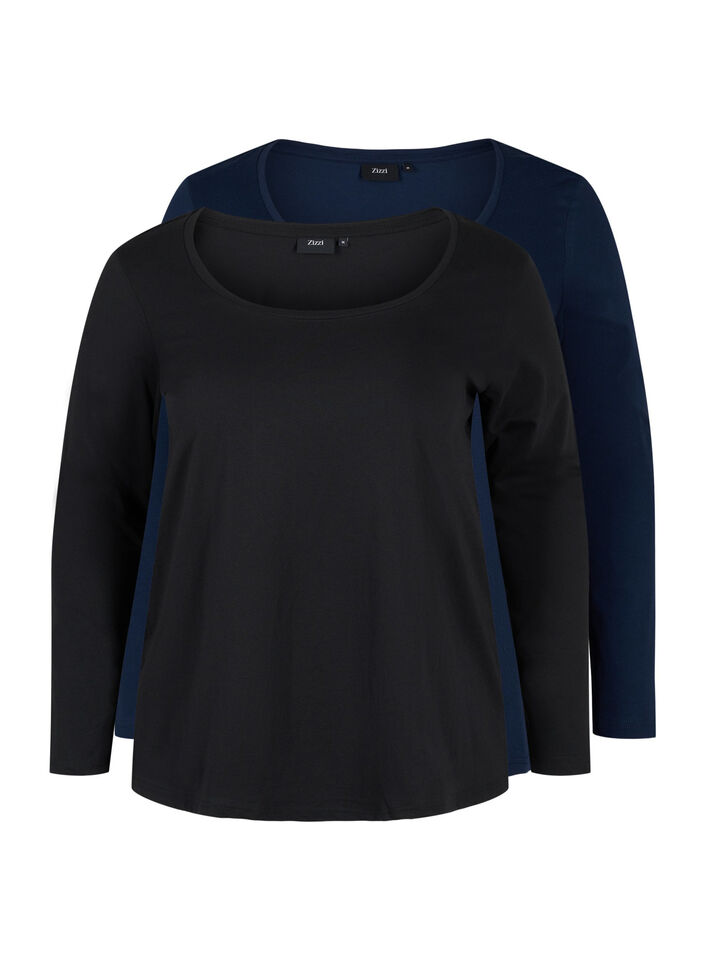 Basisgenser i bomull, 2 stk., Black/Navy B, Packshot image number 0