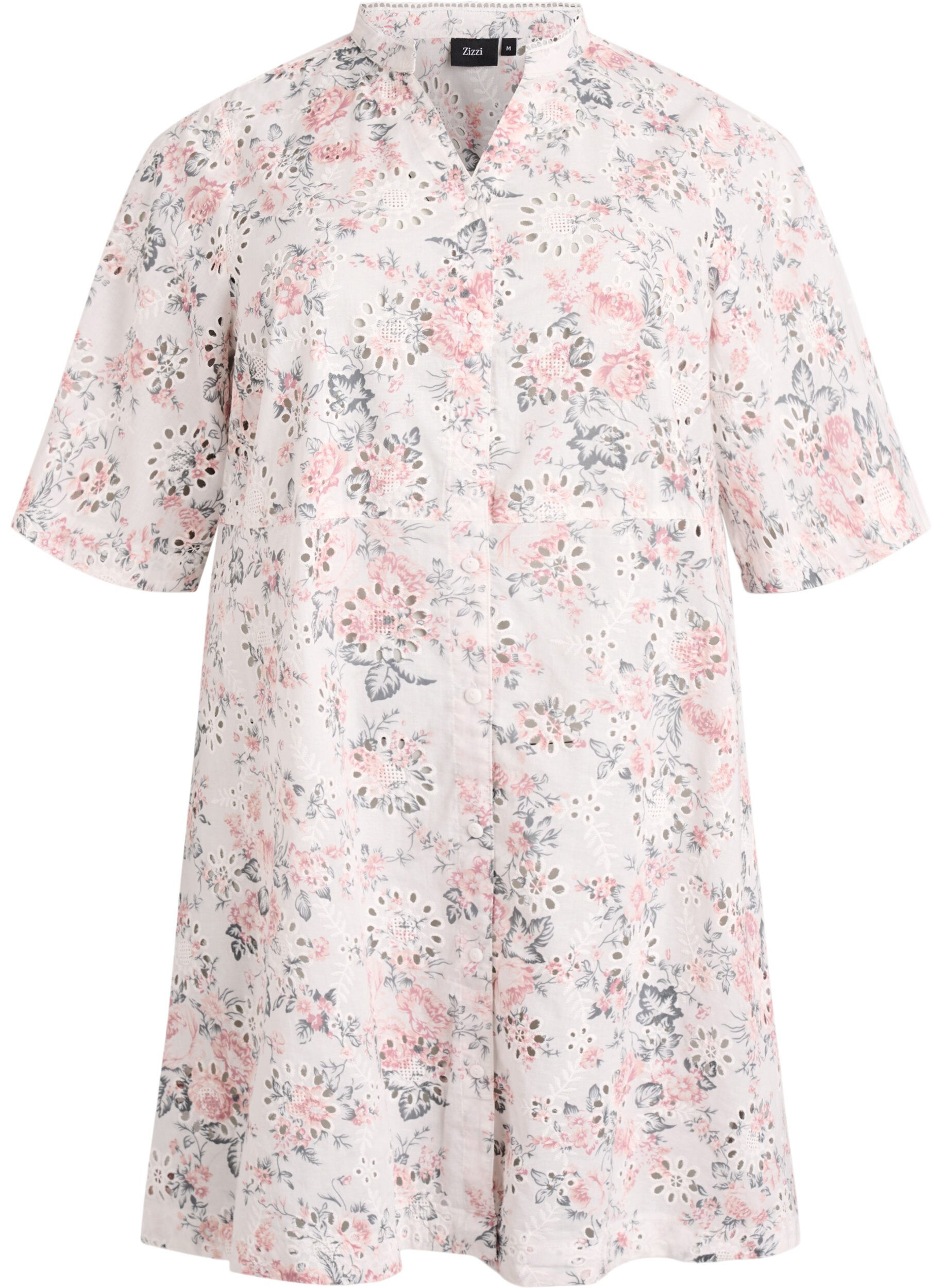 ZizziBomullskjole med blomsterm&oslash;nster og broderie anglaise, Vanilje, Packshot image number 0