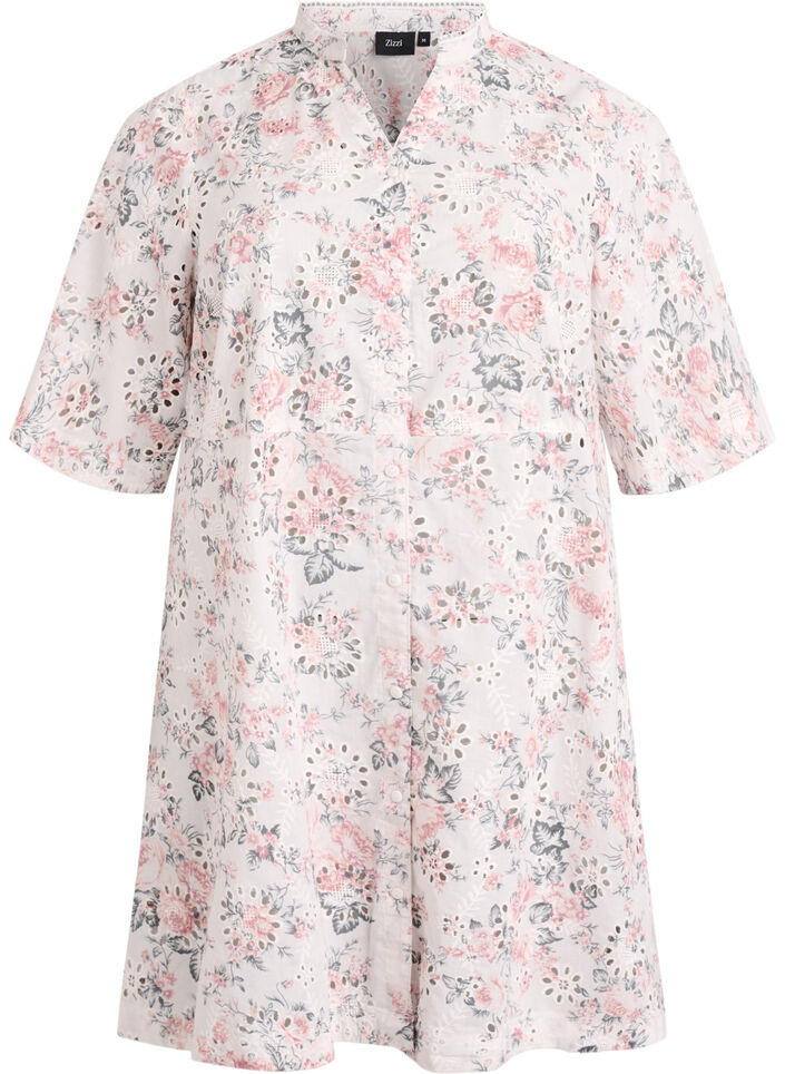 Bomullskjole med blomsterm&oslash;nster og broderie anglaise, Vanilje, Packshot image number 0