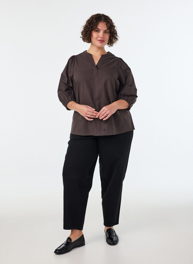 Rutete bluse med V-hals og 3/4-ermer, Brun, Model image number 1