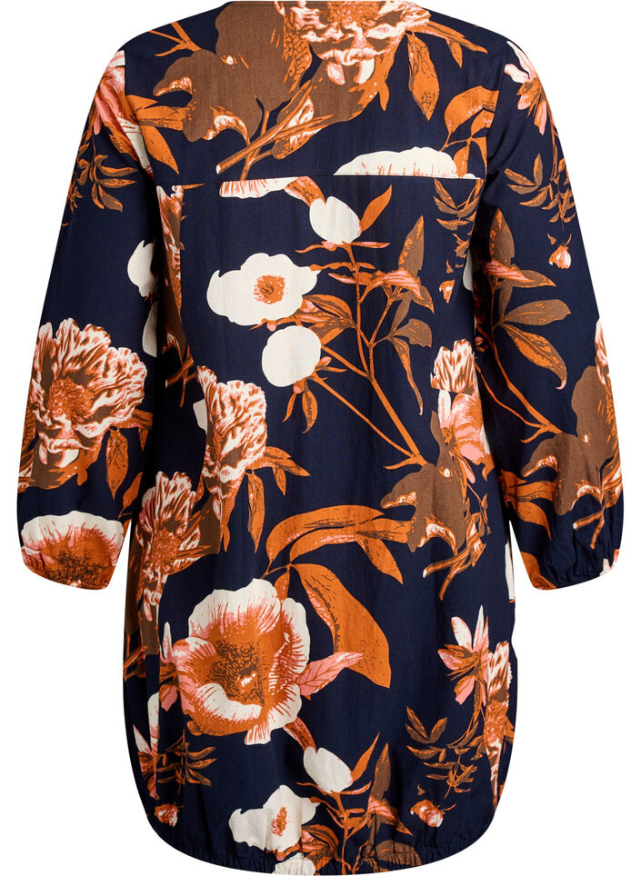 Kort bomullskjole med elastisk fold og lange ermer, Svart, Packshot image number 1