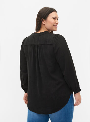 Langermet bluse med V-hals, Black, Model image number 1