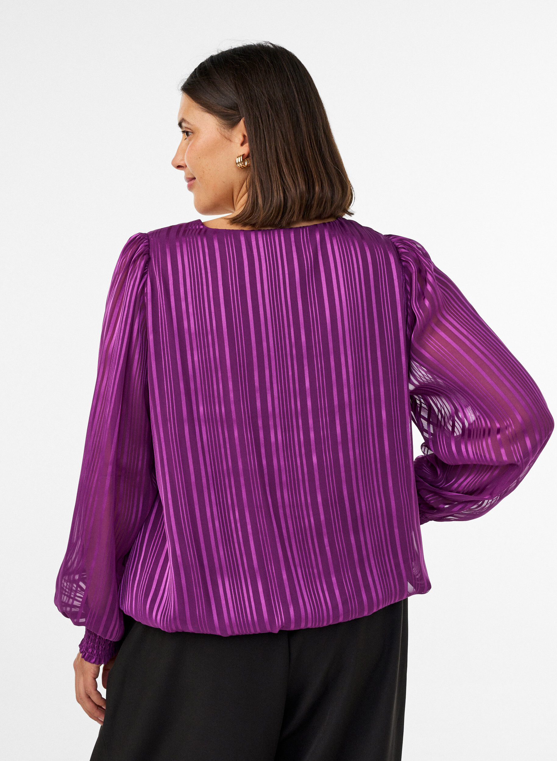 ZizziStripete bluse med ballongfasong, Lilla, Model image number 2