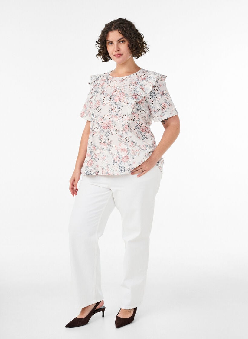Bluse i bomull med broderie anglaise og volanger, Rosa, Model image number 1