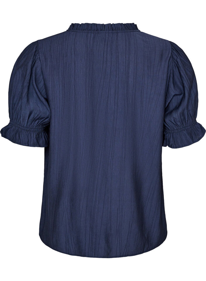 Bluse i en kr&oslash;llete viskosblanding med V-hals, Bl&aring;, Packshot image number 1