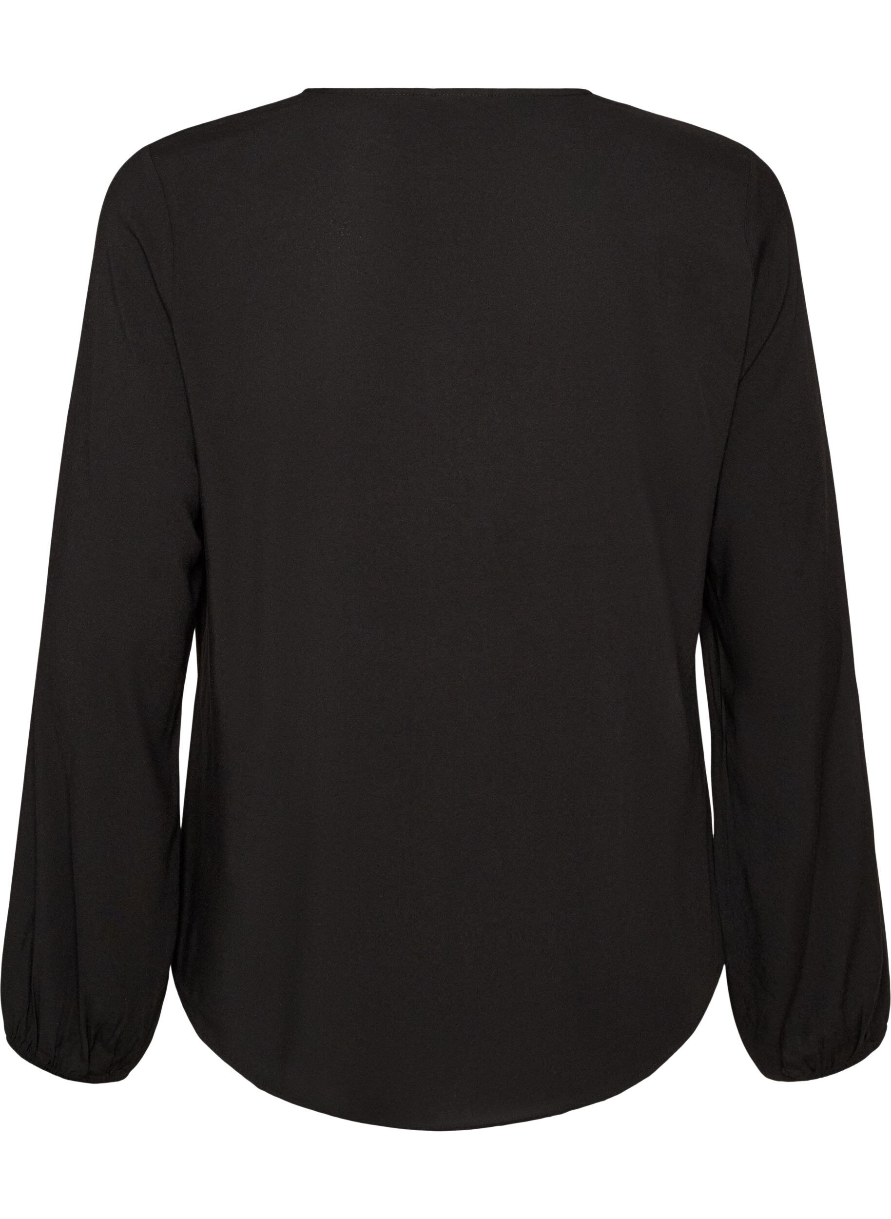 ZizziViskosebluse med V-hals og lange ermer, Svart, Packshot image number 1