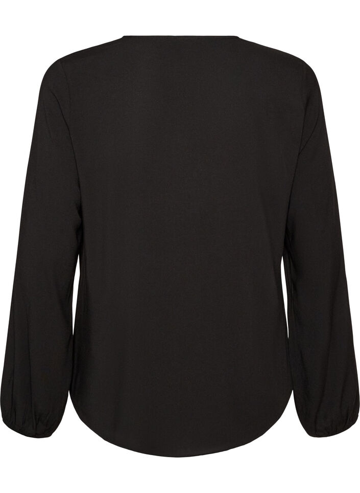 Viskosebluse med V-hals og lange ermer, Svart, Packshot image number 1