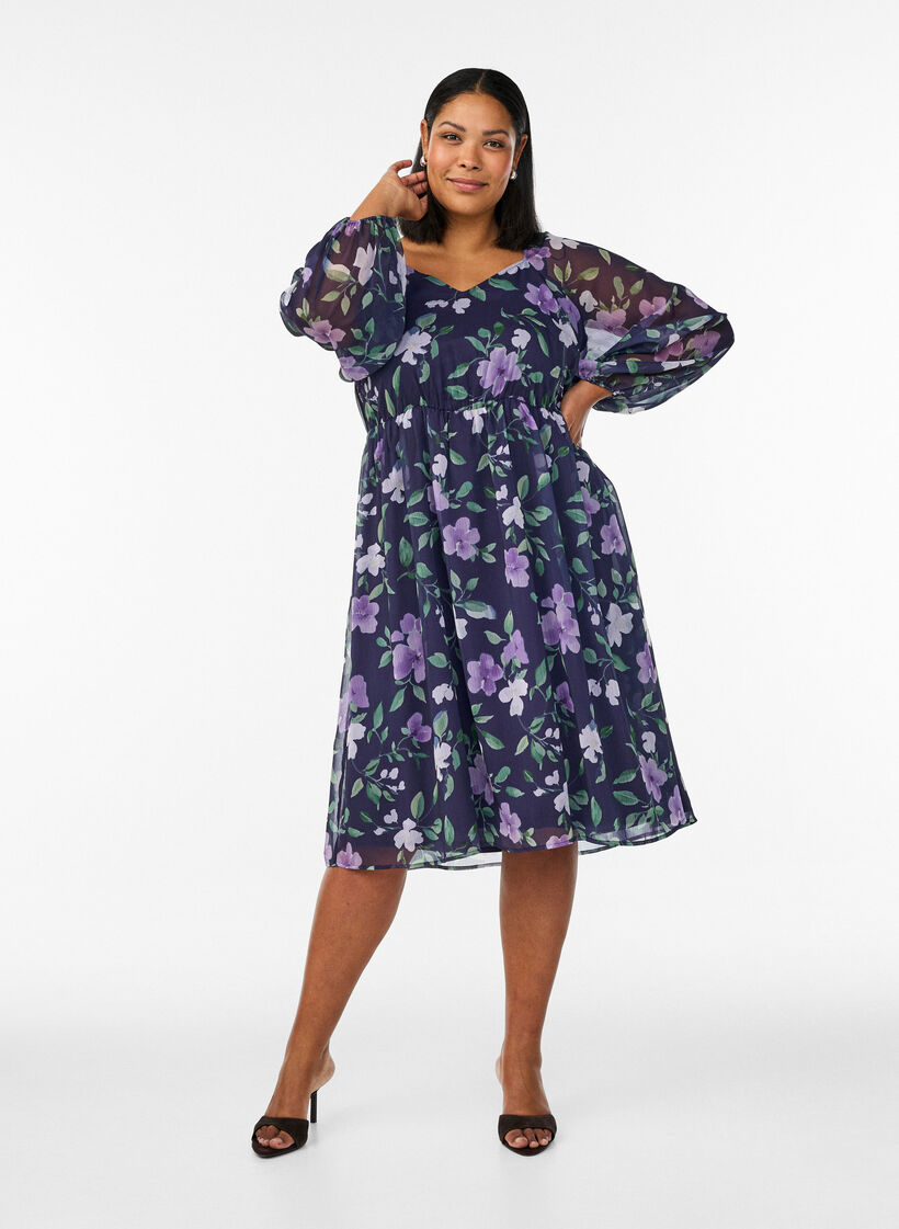 Chiffon festkjole med lange ermer, Bl&aring;, Model image number 1