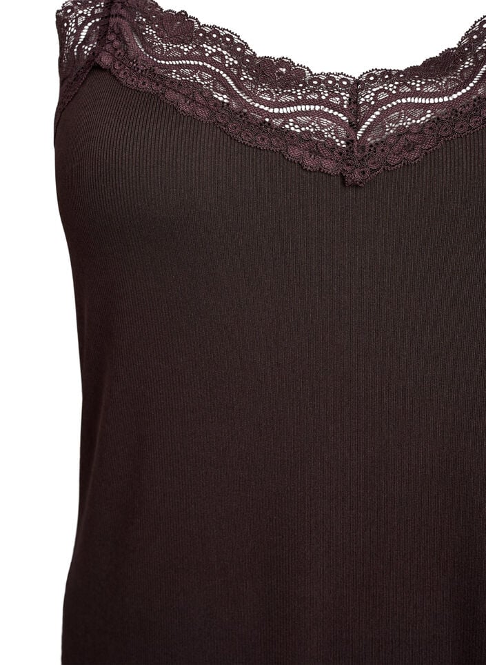Ribbet jerseytopp med blondedetaljer, Brun, Packshot image number 2