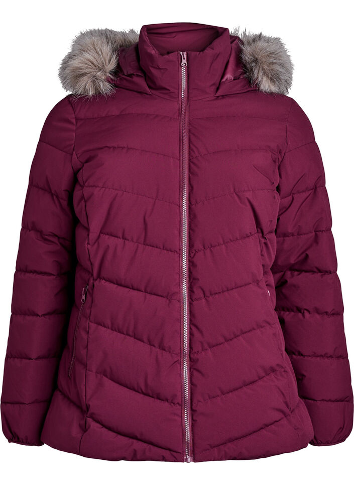 Kort boblejakke med hette, M&oslash;rk Bordeaux, Packshot image number 0