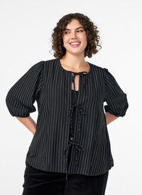 Bluse med pinstriper og knytesnorer, Svart Bluse med pinstriper og knytesnorer, Svart, Model