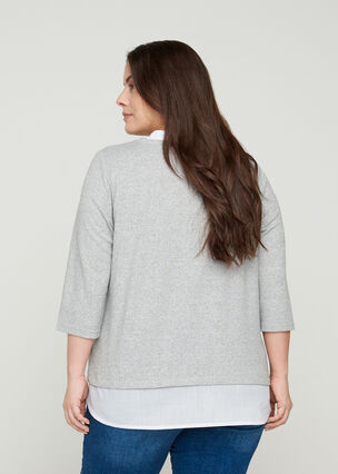 Melert bluse med 3/4-ermer og skjortedetaljer, Light Grey Melange, Model image number 1