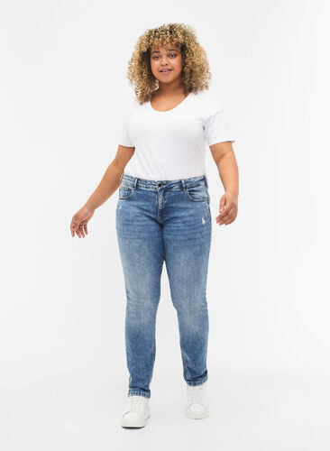 Emily jeans med vanlig midje og ødeleggelser, Blue denim, Model image number 0